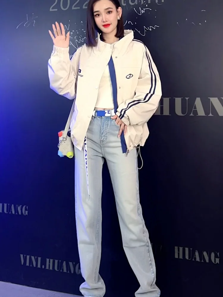 faionable-white-stand-collar-jaet-and-jeans-set-trendy-two-piece-women's-clothing-cotton-blend-comfortable-spring-outfit