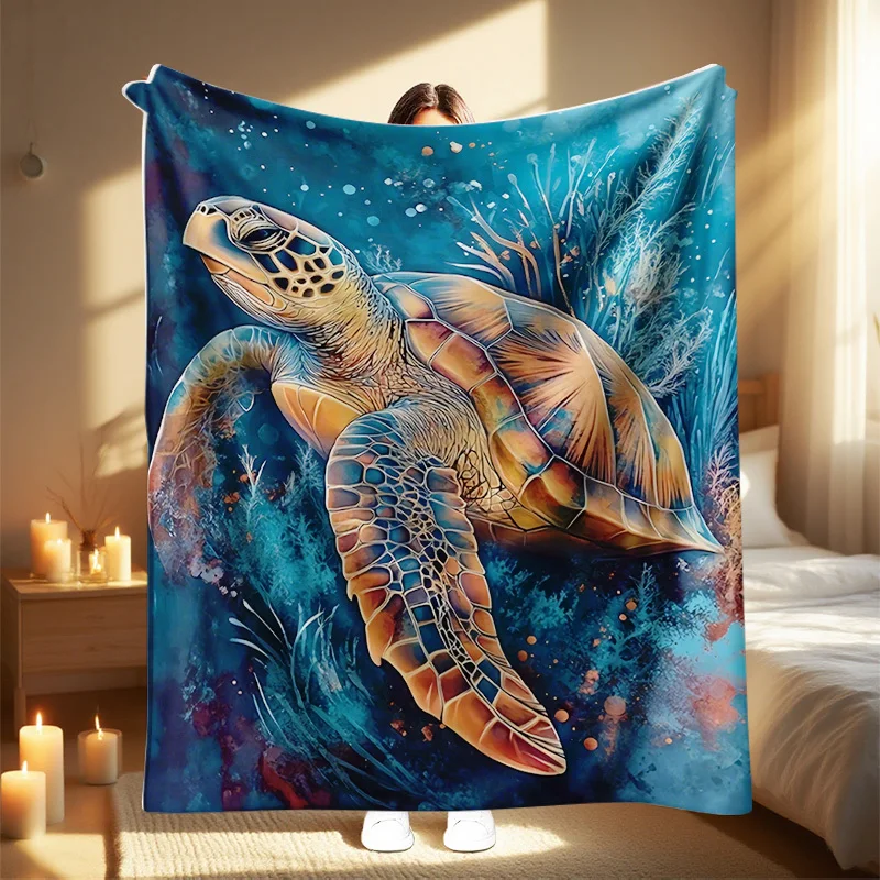 1pc 2025 New Turtle Print Soft Warm Throw Blanket for Sofa, Bed, Office & Home Decor or Travel - Perfect Halloween Gift All-Seas