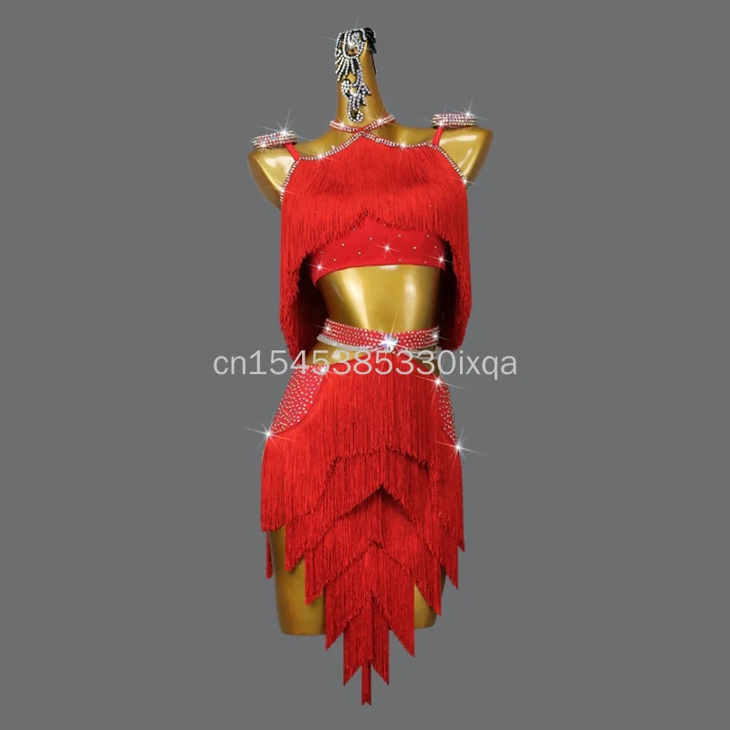 新しいレッドラテンダンスタッセルドレスシニアガールズ競技服セクシーな社交スカート大人トップス女性練習着カスタマイズ