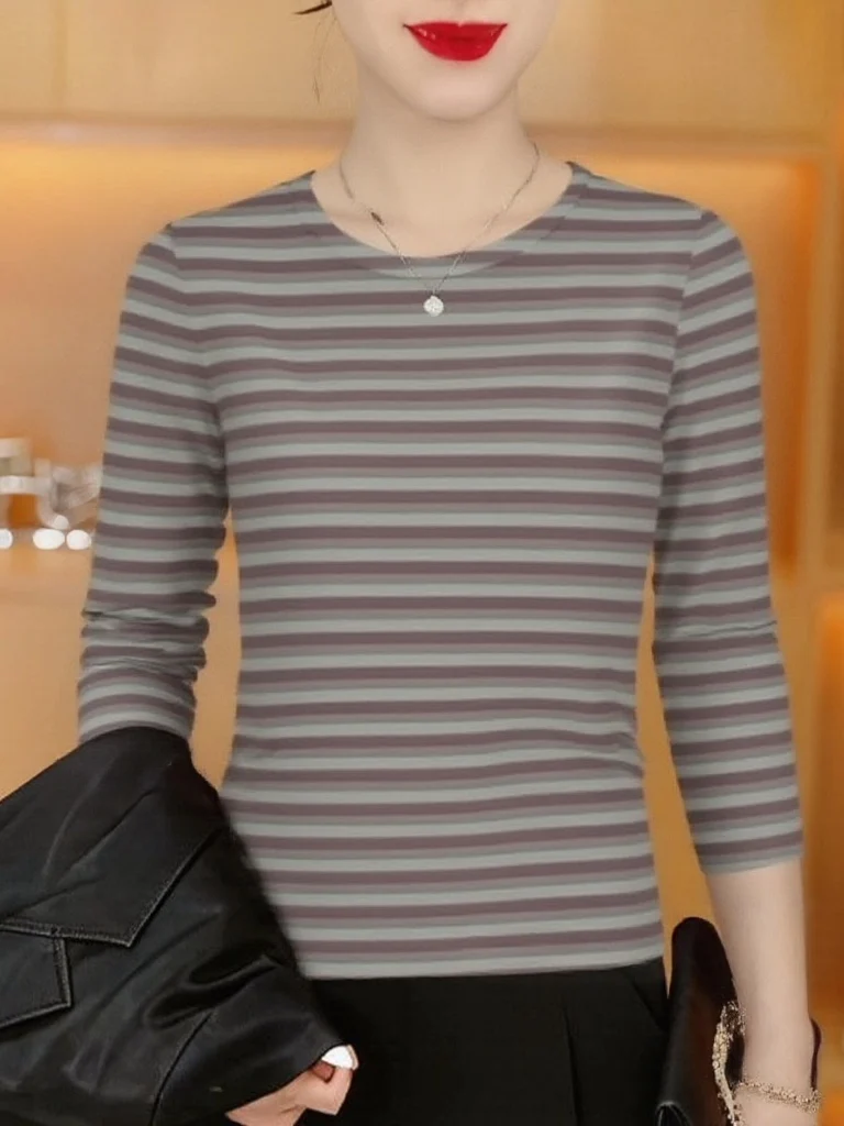 

Elegant Stripe Long Sleeve T-Shirt Women's round Neck Slimming Mommy Casual Ageless Top Polyester Fiber Wear Resistant Daily ...