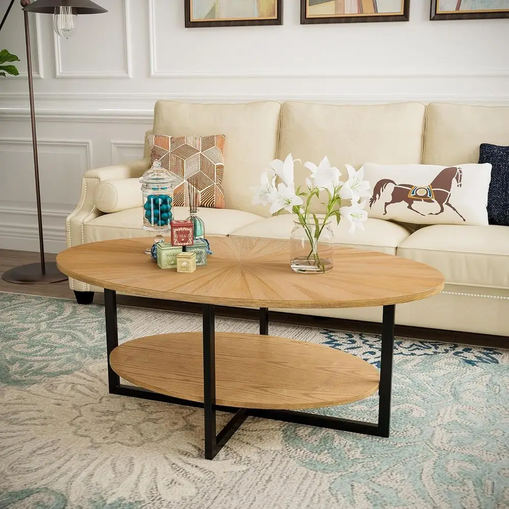 โต๊ะกาแฟทรงรีอุตสาหกรรมสมัยใหม่ 43.3 พร้อมชั้นวาง 2 ชั้น ไม้ธรรมชาติสำหรับห้องนั่งเล่นขนาดเล็ก