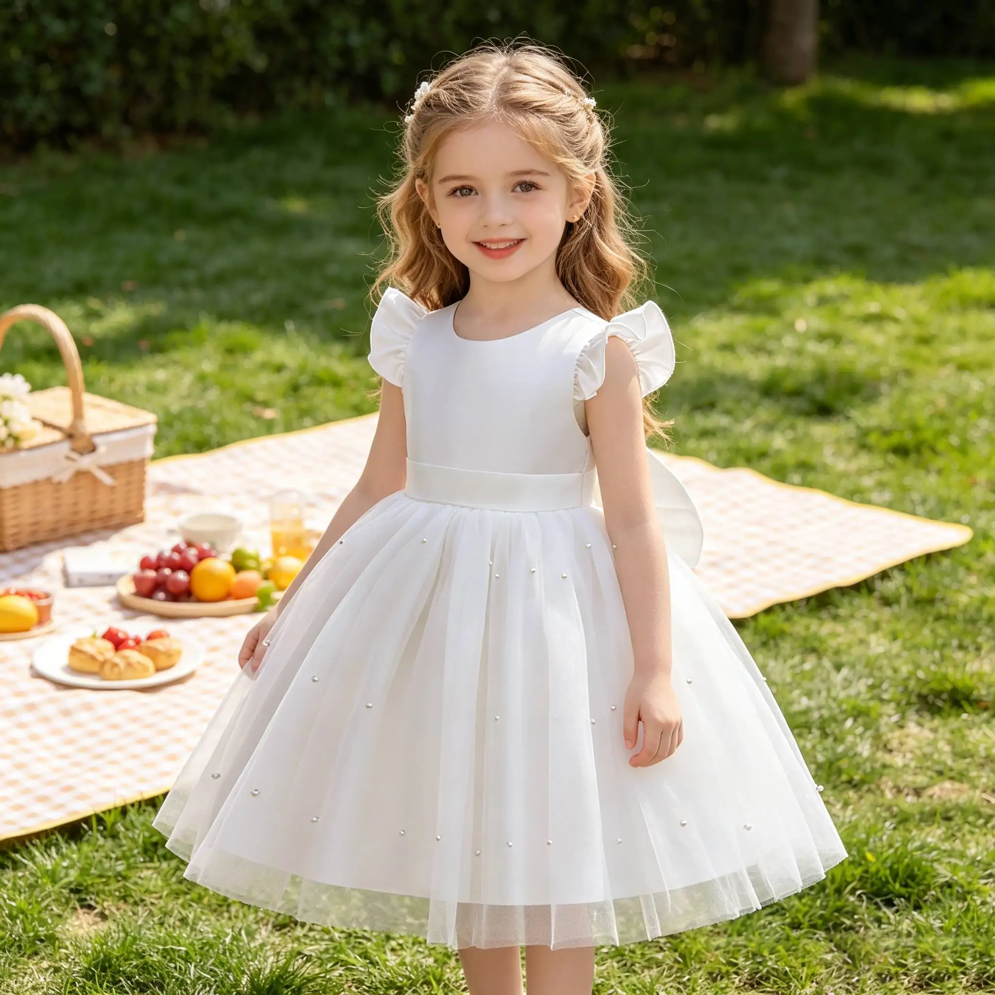 Summer Girls Tulle Fashion Little Princess Dress Wedding Gown Girls Piano Performance Host Costume 2-8 Years Kids Clothes