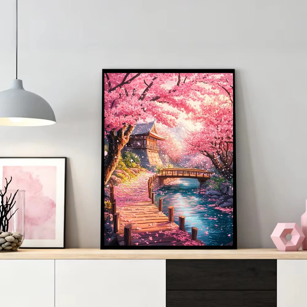 Japan Cherry Blossoms Bridge River Scenery Oil Painting By Number DIY Wall Decor for Living Room Home Decor Gift No Frame