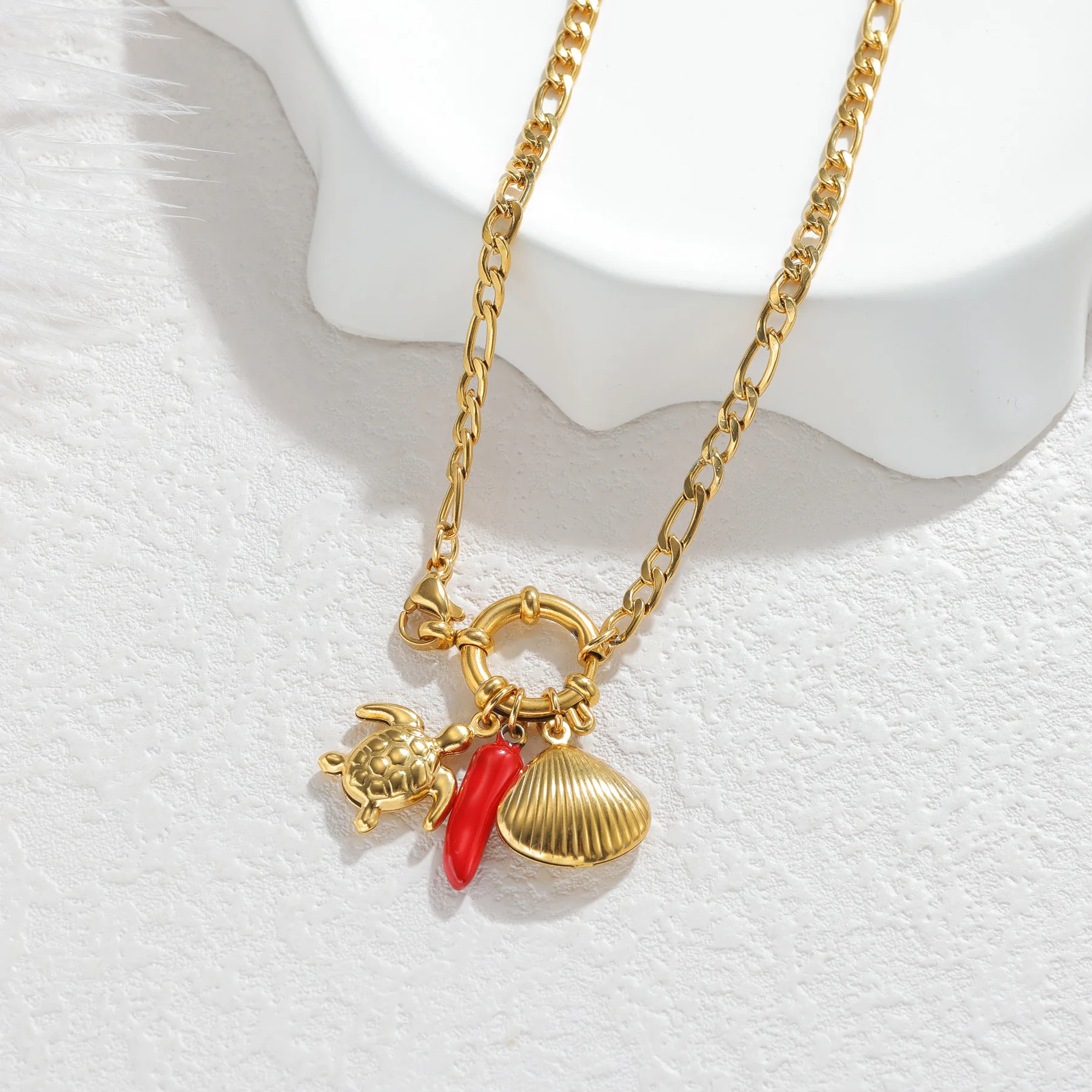 Stainless Steel Ocean Style Shell Turtle Fish Necklace For Women Strawberry Chili Charm Pendant Fashion Fine Jewelry Gifts