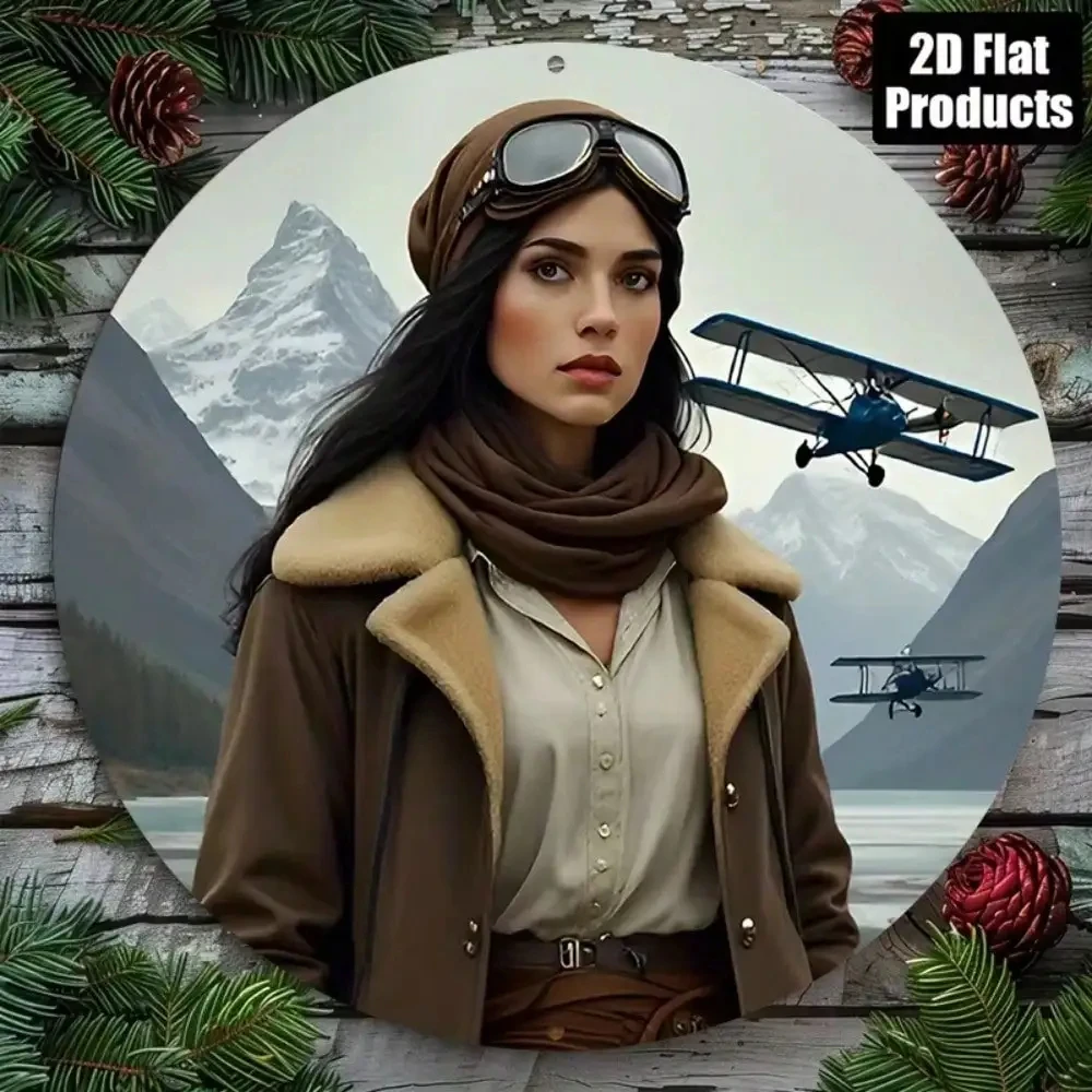 2D Flat Hd Metal Wall Art Vintage Pilot Women's Brown Shearling Jacket Leather Goggles Beige Shirt Scarf Snow Mountain