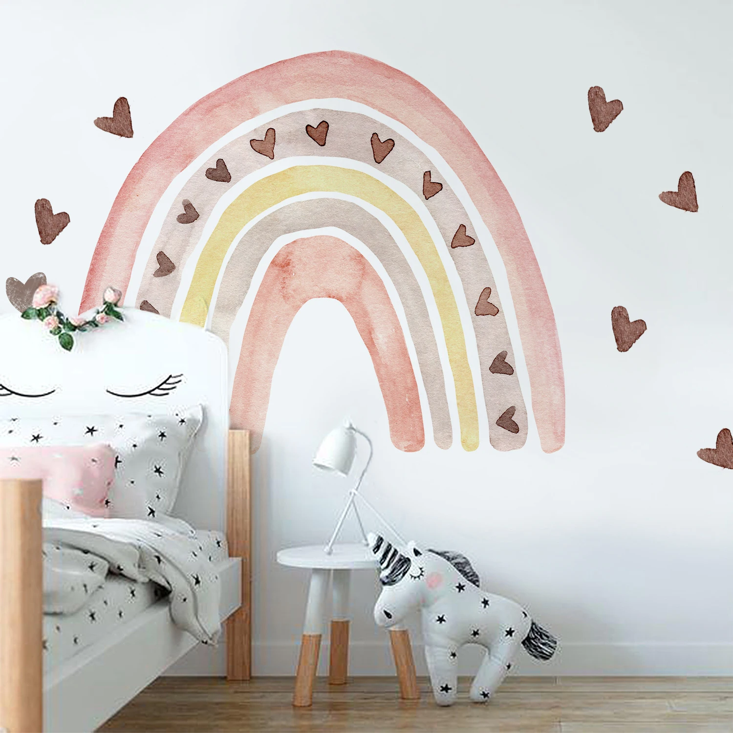 Decoración 3d para habitación de bebé, pegatina de pared de arco iris con corazón, decoración de dormitorio, calcomanía artística de Arco de diseño