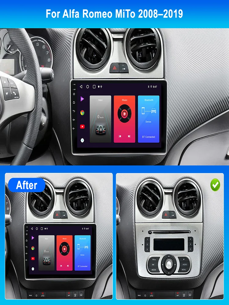 Odtwarzacz multimedialny do samochodu z systemem Android 15, radio 9-calowe z nawigacją GPS, jednostka główna 2+64G do Alfa Romeo MiTo 2008-2019, czterordzeniowy, z funkcją Carplay, Android Auto, — 2