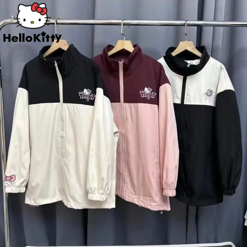 Sanrio Hello Kitty College Trench Coat Women's Outerwears Bomber Jacket 2000s 90s Windbreaker Korean Style Hip Hop Jacket Yk2