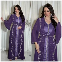 Ramadan Muslim Women Diamonds Kimono Jalabiya Abaya Long Dress Set 2PCS Dubai Kaftan Turkey Robe Eid Djellaba Marocain Gown Suit