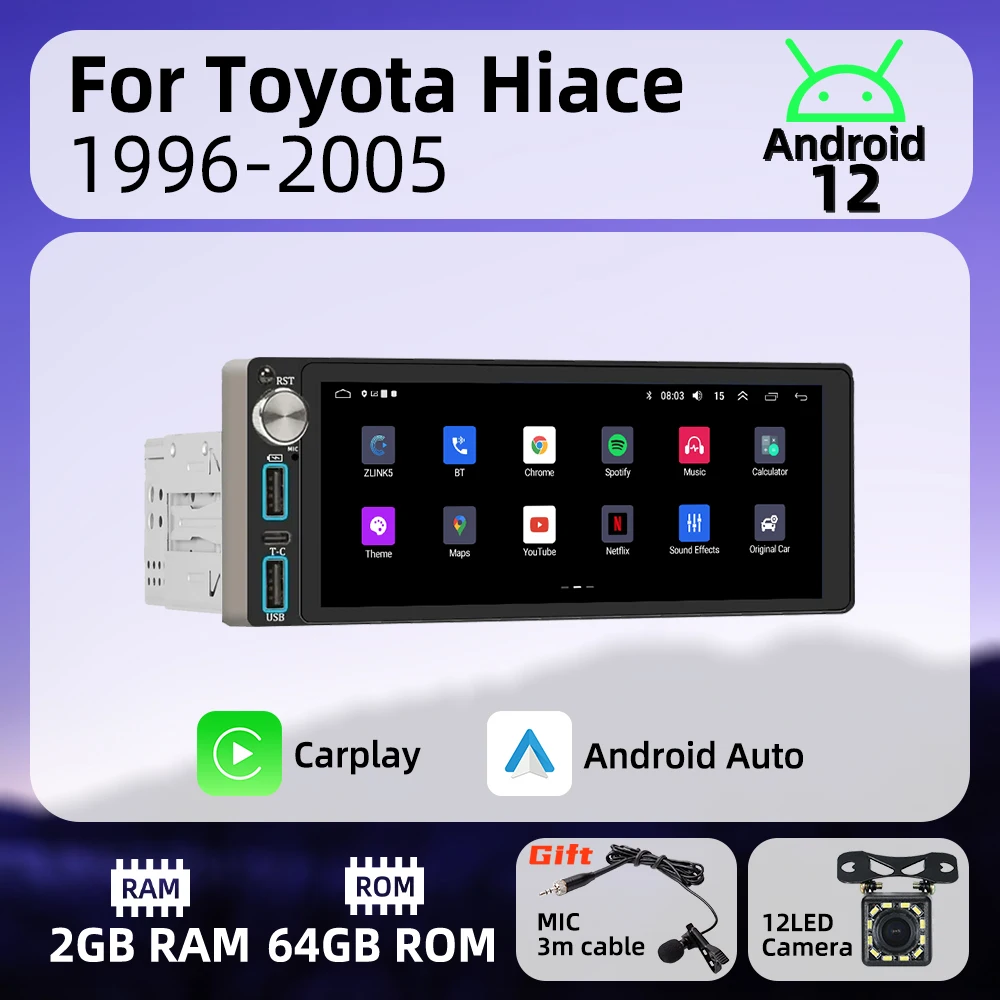 

Wireless Carplay Autoradio 6.86" 1 Din Radio Android Car Multimedia for Toyota Hiace 1996-2005 Stereo Head Unit GPS Navigation