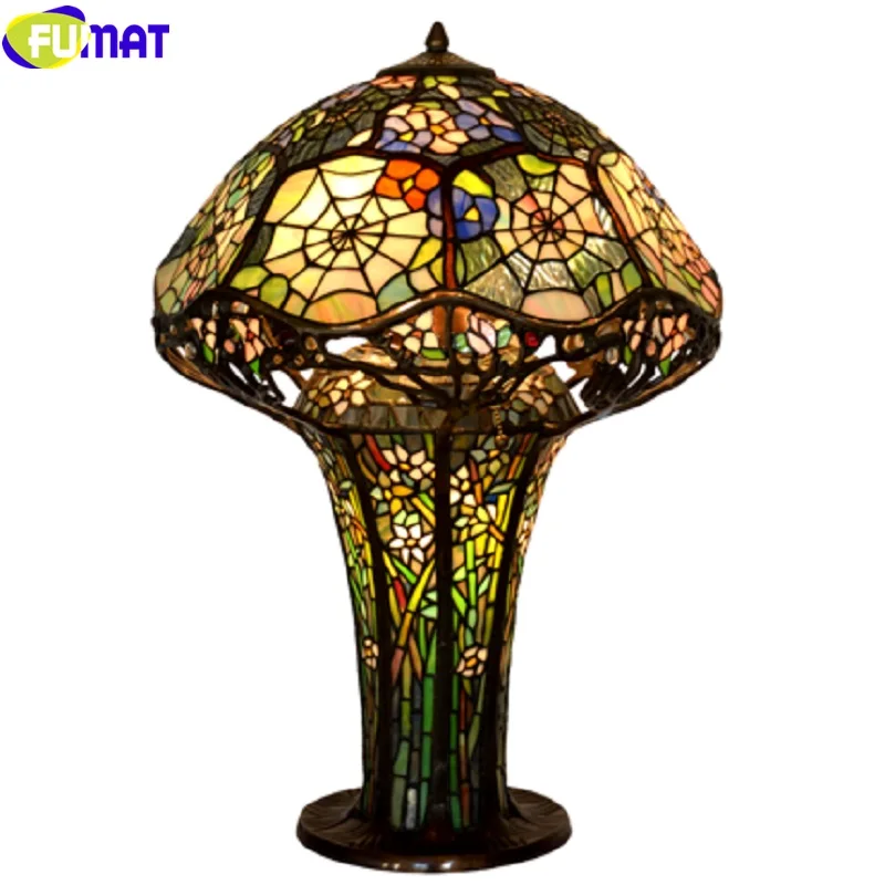 FUMAT Tiffany Stained Glass Orchid Table Lamps Mushroom Spider Web Antique Desk Lamp Pure Copper LED Light Pull switch Fixtures