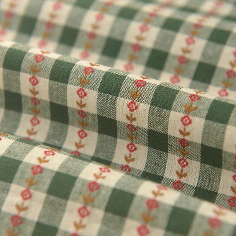 145x50cm Green Plaid Red Flower Wall Cotton Linen Fabric, Making Shirt Dress Clothes Tablecloth Doll Picnic Sewing Cloth