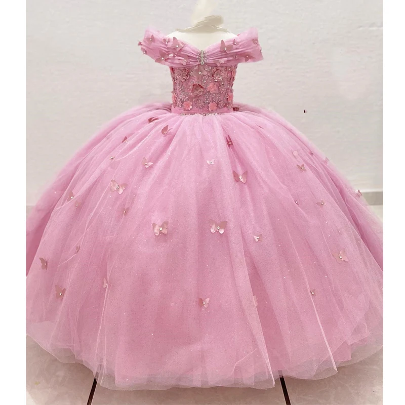 

Pink 3D Applique Flower Girl Dress For Wedding Tulle Puffy Off The Shoulder Princess Kids Birthday First Communion Ball Gown