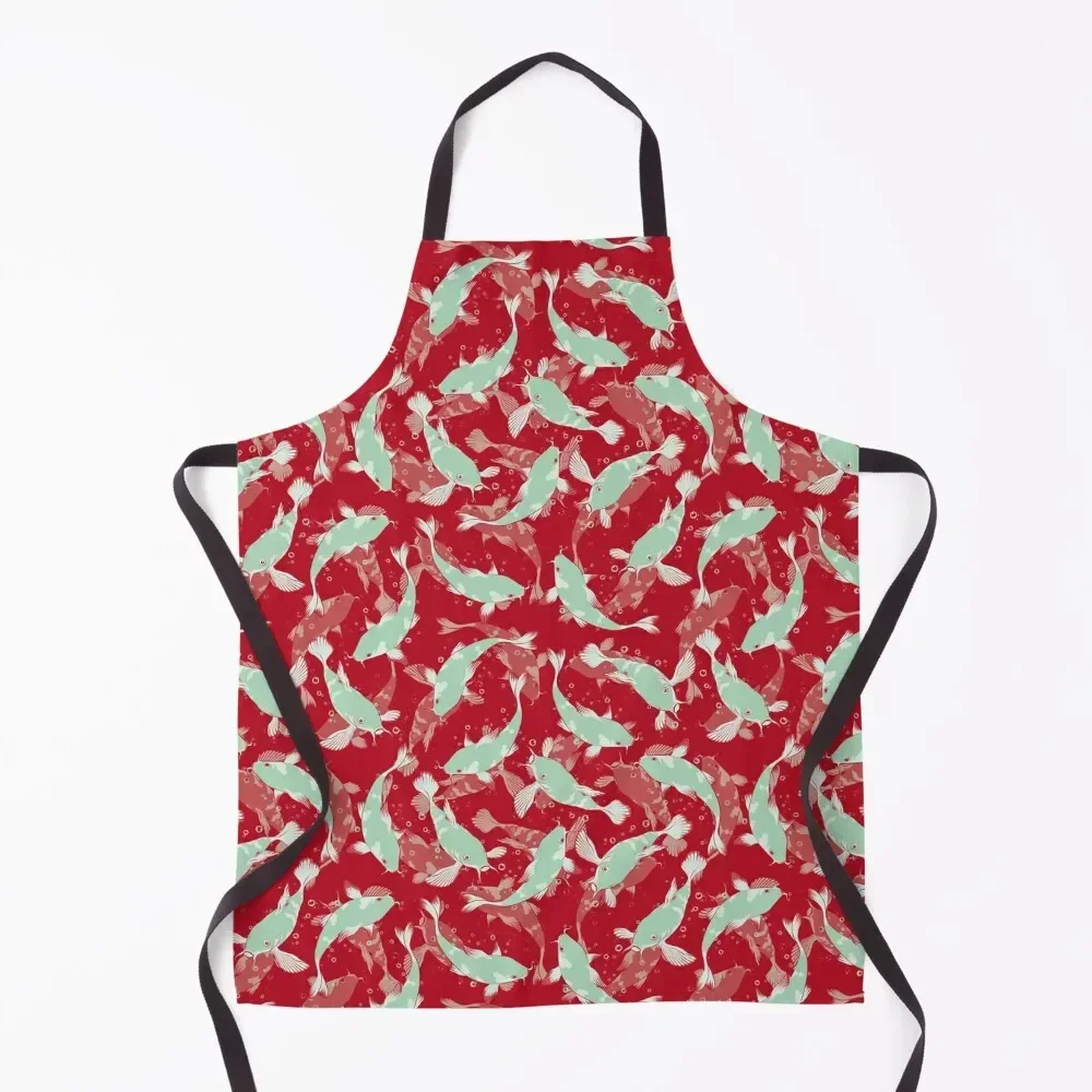 

Red and Green Koi Fish Repeating Pattern Apron kitchen woman custom women's kitchen nail tech supplies Kitchen For Men Apron