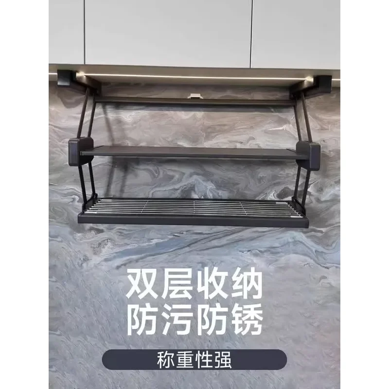 Q1L Wall Mounted Folding Rack Double Layer Pull Down Storage Shelf For Kitchen Seasoning Dish Organizer Space Saving Cabinet