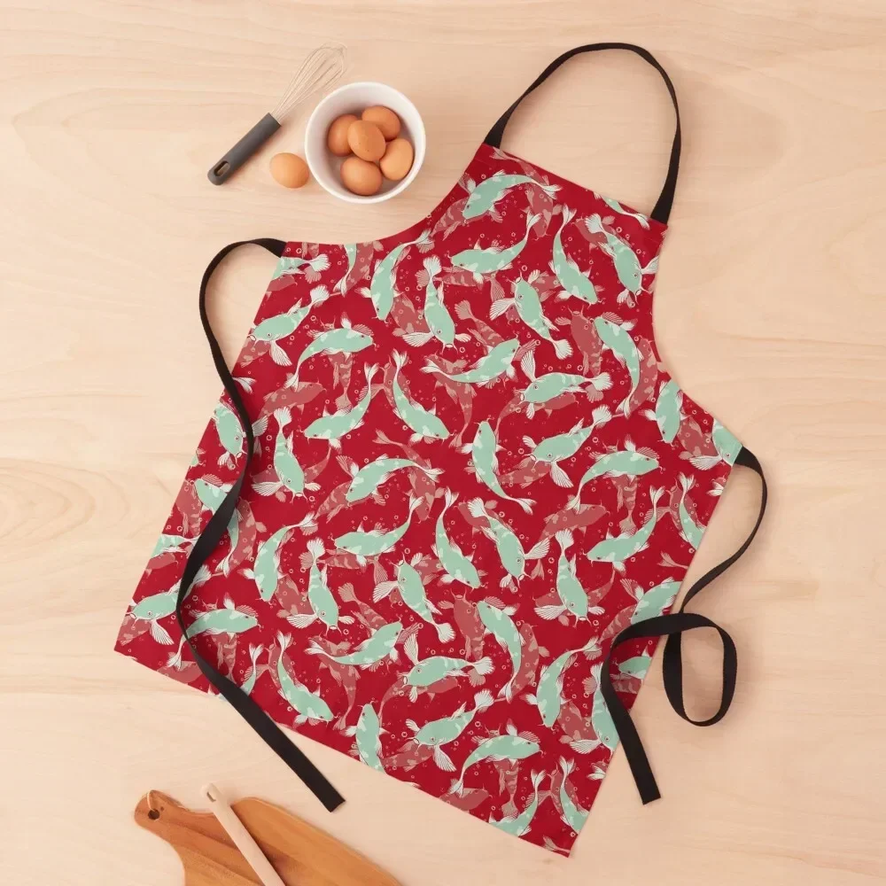 Red and Green Koi Fish Repeating Pattern Apron kitchen woman custom women's kitchen nail tech supplies Kitchen For Men Apron