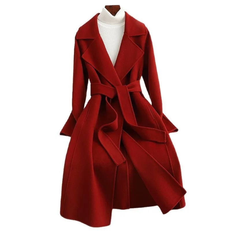 معطف كشمير مزدوج الوجه للنساء نمط طويل أودري هيبورن مستوحى من سليم صالح التخسيس موضة الراقية الصوف السترة الستر #6