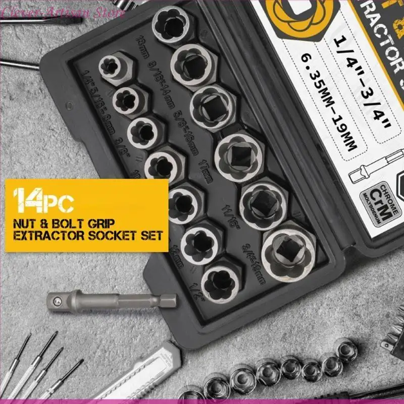 

E06B Метрика и Imperail Bolt & Nult Remover Set Set CR-MO Стальной инструмент для снятия болта 14 ПК