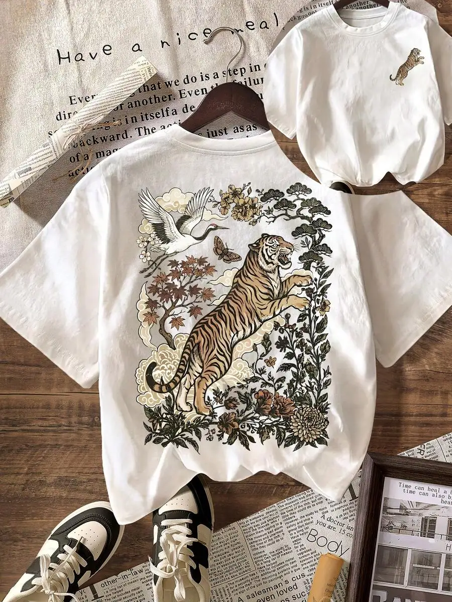 2026 Summer Oversized Vintage Washed Cotton Women T-shirt Retro Linocut Wild Tiger Boho Graphic Print All-match Street Vacation Gift Casual Tops For Tiger Lovers