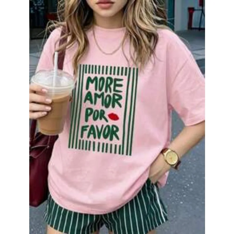 Women Summer Loose Round Neck Short Sleeve T-Shirt Top, with 