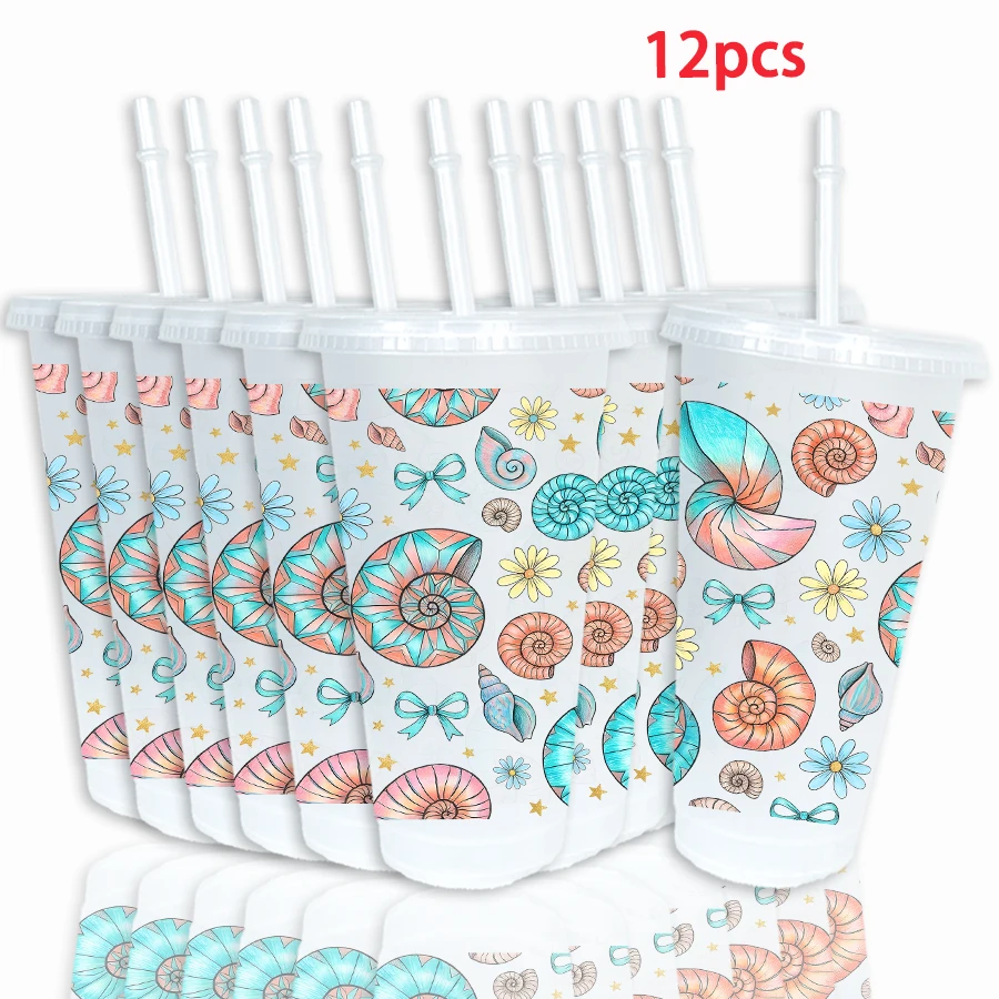 12pcs/pack Shells Flowers Bow Pattern 26oz Colored Plastic Party Cold Cups for Back-to-school Birthday Gifts