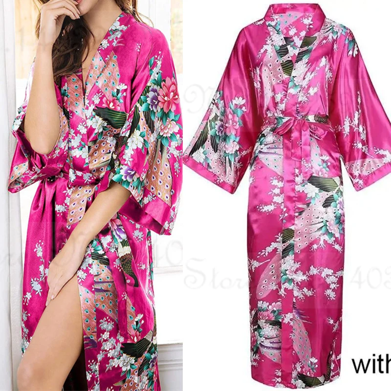 Large Size 3XL Flower Kimono Bathrobe Gown Women Long Robe Nightgown Print Peacock Satin Sleepwear Home Dress Loose Loungewear