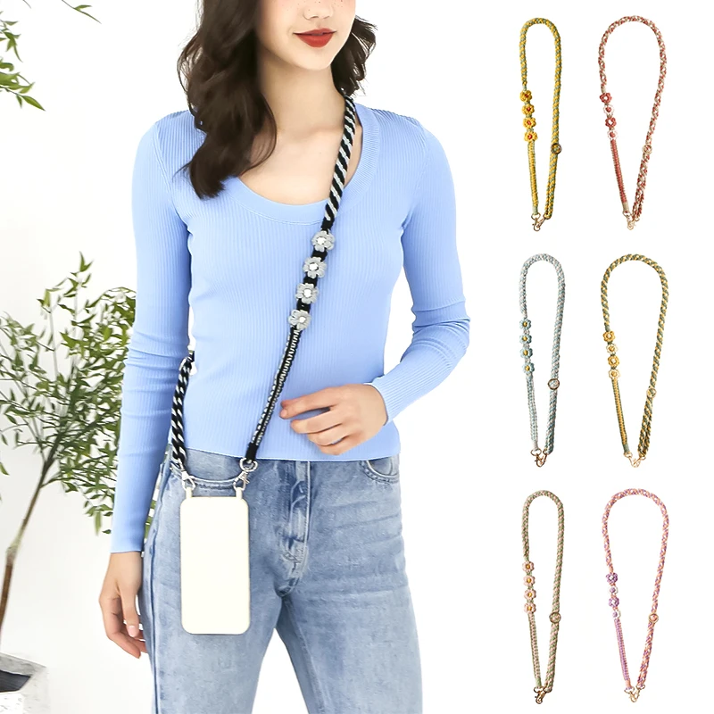 Retro Mão Tecido Daisy Flores Pendurado Corda Ajustável Longo Telefone Lanyard, Estilo Boho, Anti Loss Universal Phone Chain