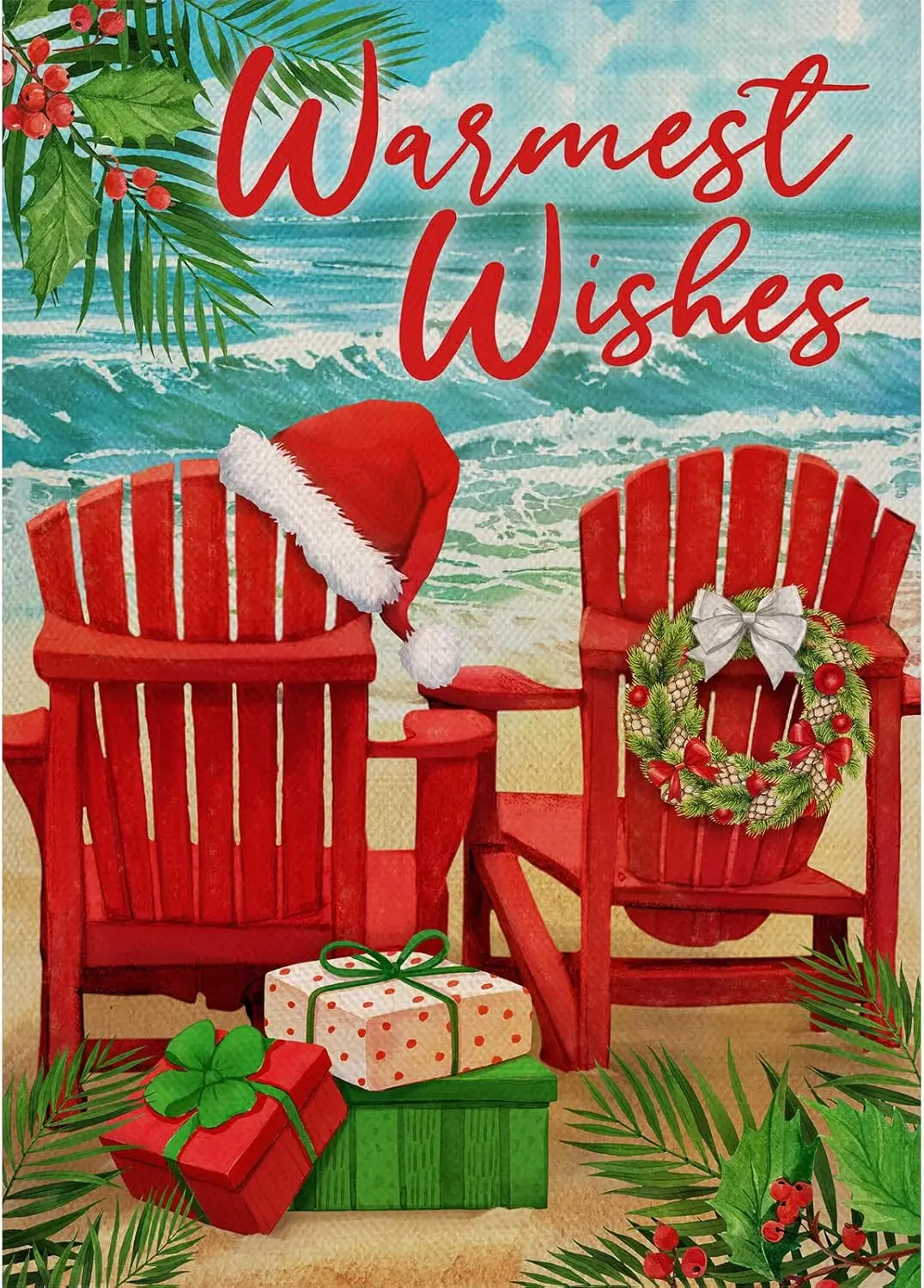 Selmad Warmest Wishes Christmas Red Chair Tropical Decorative Burlap Garden Flag, Xmas Coastal Beach Home Yard Sided 12 x 18