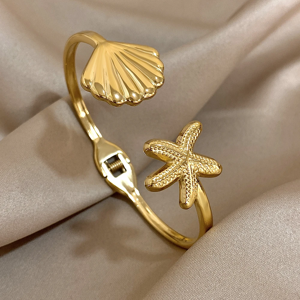 Bohemia Starfish Shell Stainless Steel Open Cuff Bangle for Women Boho Gold Plated Bracelets Bangles Summer Beach Party Jewelry