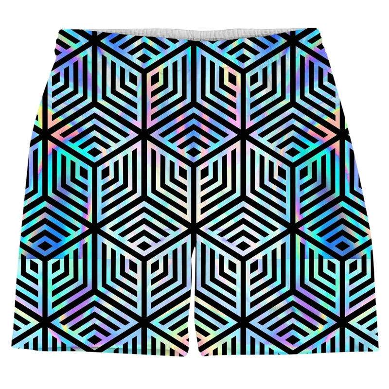 Harajuku Shorts Men's Striped Abstract Geometry Print Sport Gym Fitness 3D Print Masculina Quick Dry Trunks Oversized Ice Shorts