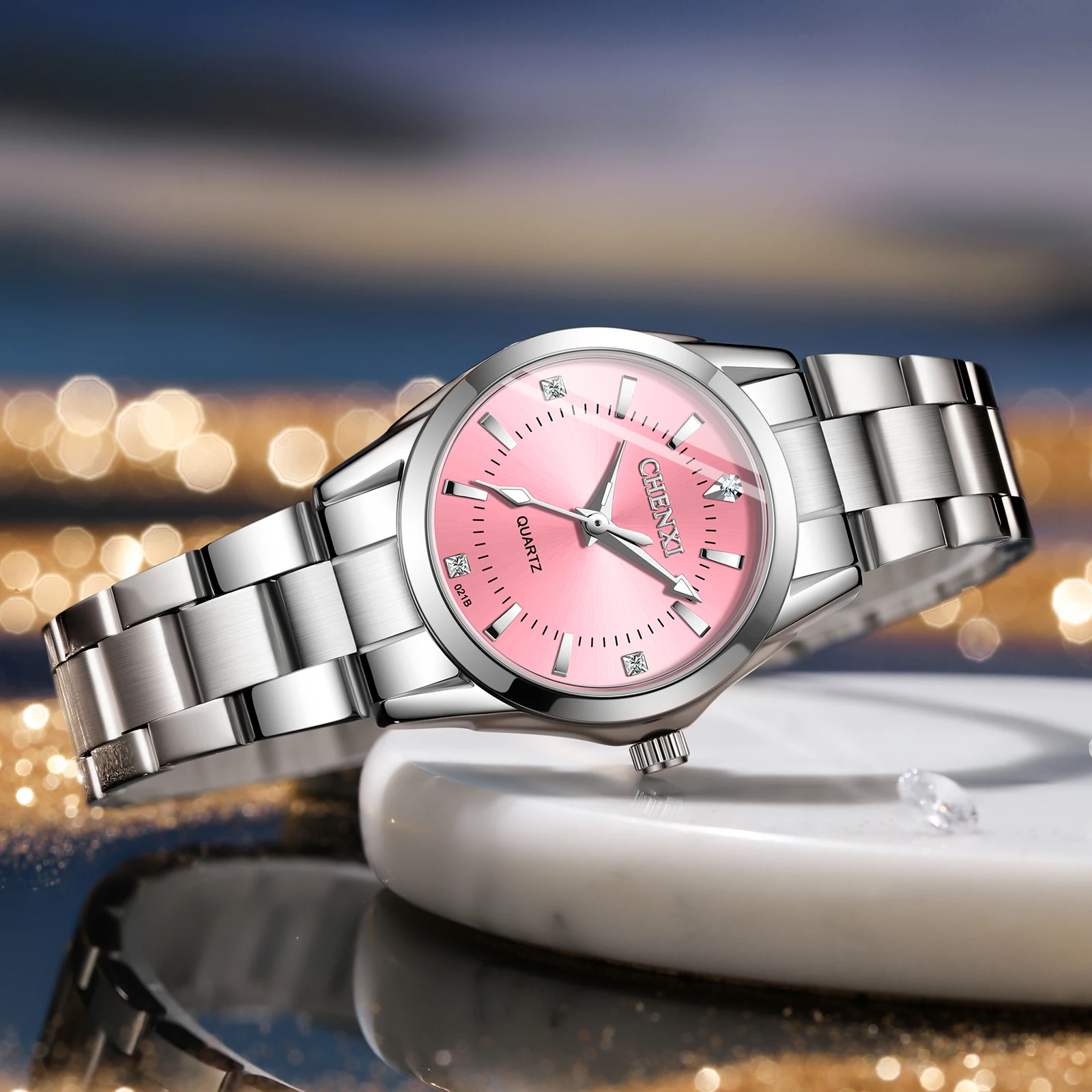 CHENXI 021B ساعة كوارتز أنيقة للسيدات مضيئة بسيطة فضية حزام من الفولاذ المقاوم للصدأ ساعات نسائية للأعمال غير رسمية reloj mujer