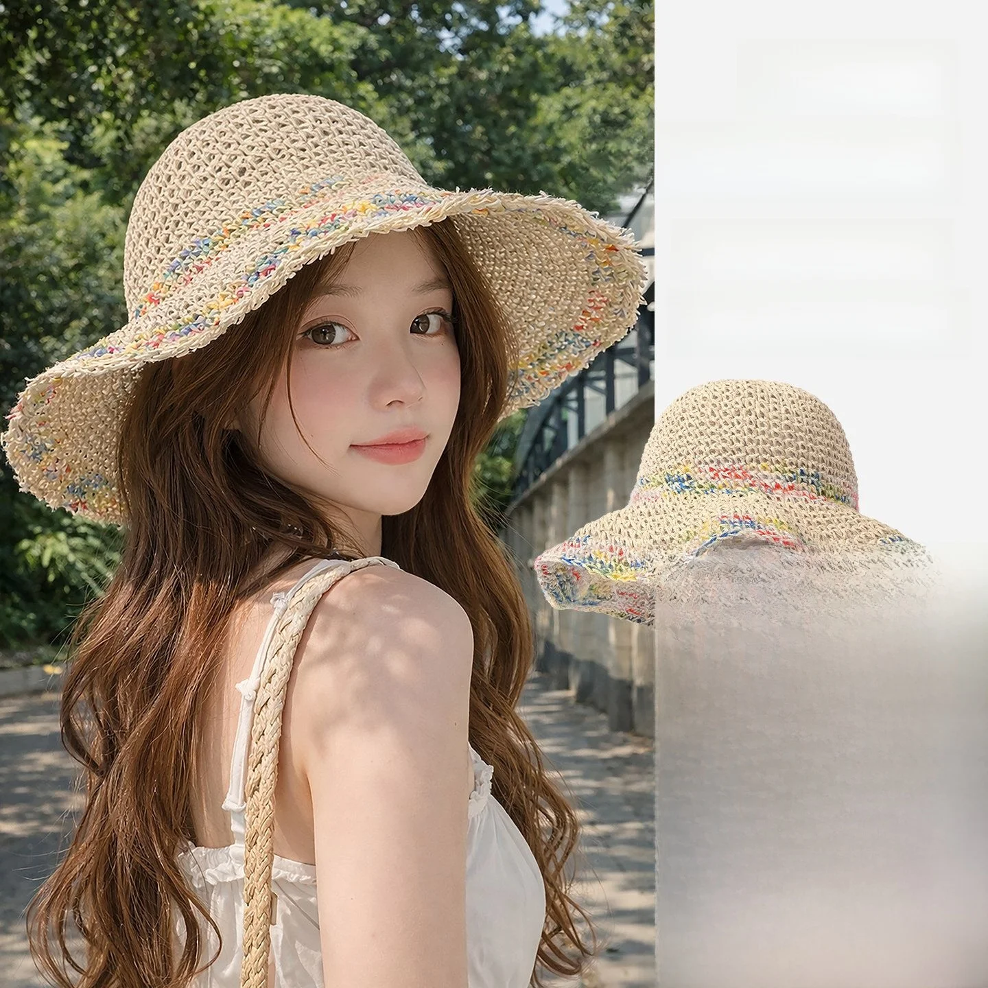 女性用つば広麦わら帽子-折りたたみ式ビーチバケーションスタイル-砂浜写真撮影用サンキャップ-夏用アウトドアハット