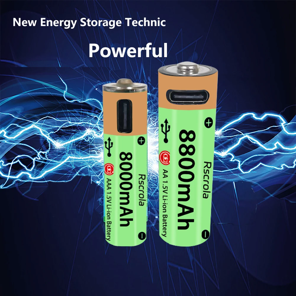 High-Capacity Type-C AA AAA Rechargeable Batteries Long Cycle Life 8800mAh & 8000mAh Li-ion Battery Work in Extreme Temperature