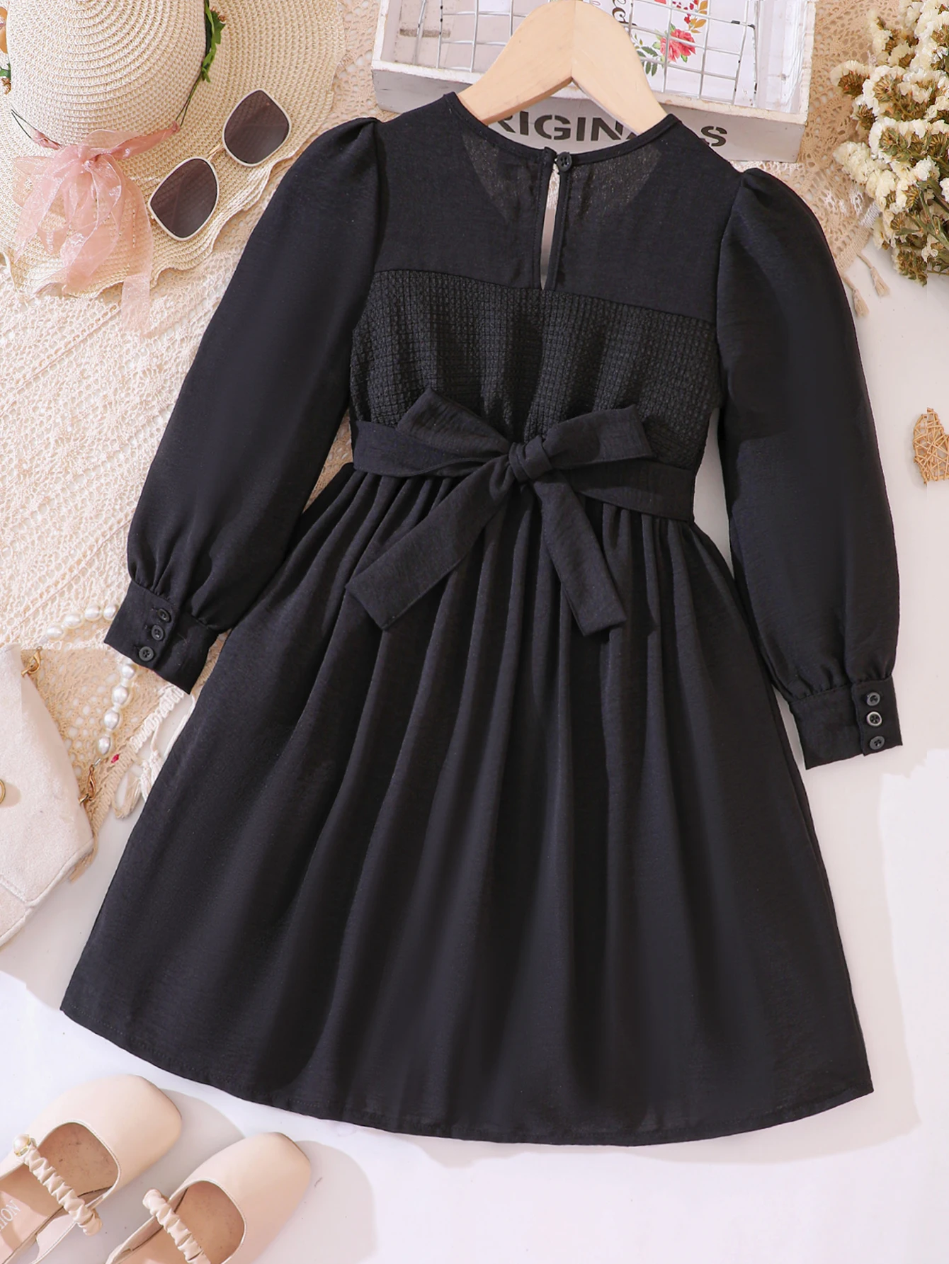 Girls\' Autumn And Winter New Casual Romantic Pure Black Long Sleeved Patchwork Dress