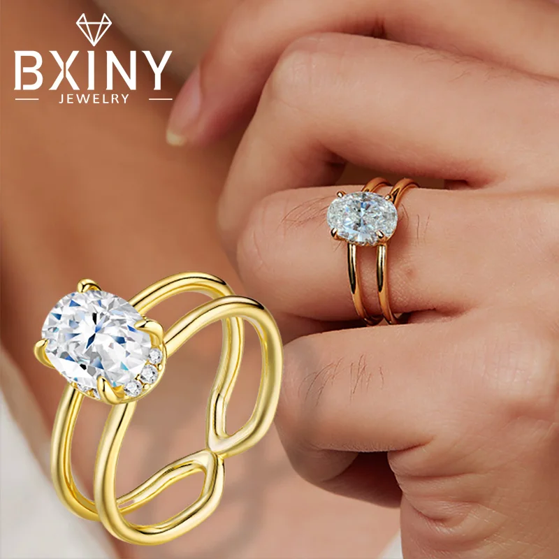 

BXINY 2CT Oval Cut Moissanite Rings 925 Sterling Silver For Women Lab Diamonds Double Hollow Wedding Bands Fine Jewelry With GRA