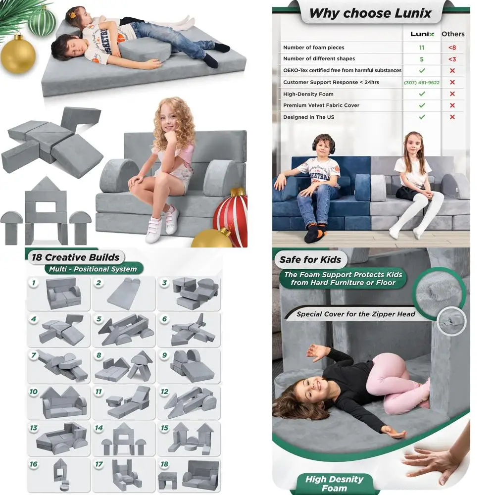 طقم أريكة للأطفال مكون من 11 قطعة باللون الرمادي، أثاث غرفة اللعب للأطفال الصغار، أريكة مقطعية قابلة للتحويل مع وسائد إسفنجية #1