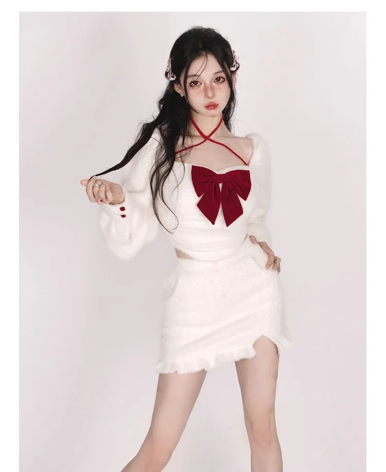 Elegant Square Collar Bow Long Sleeve White Tops Women+ Y2k High Waist All-match Skirts Autumn Winter New Two Piece Sets