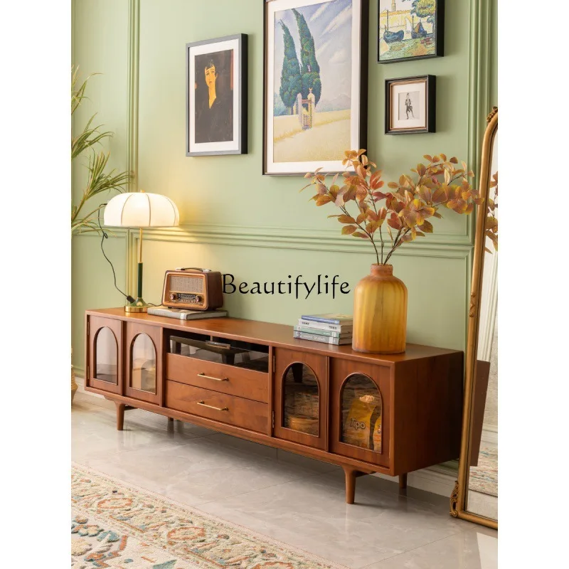 Retro storage Nordic solid wood TV cabinet household small apartment arched creative storage cabinet living room