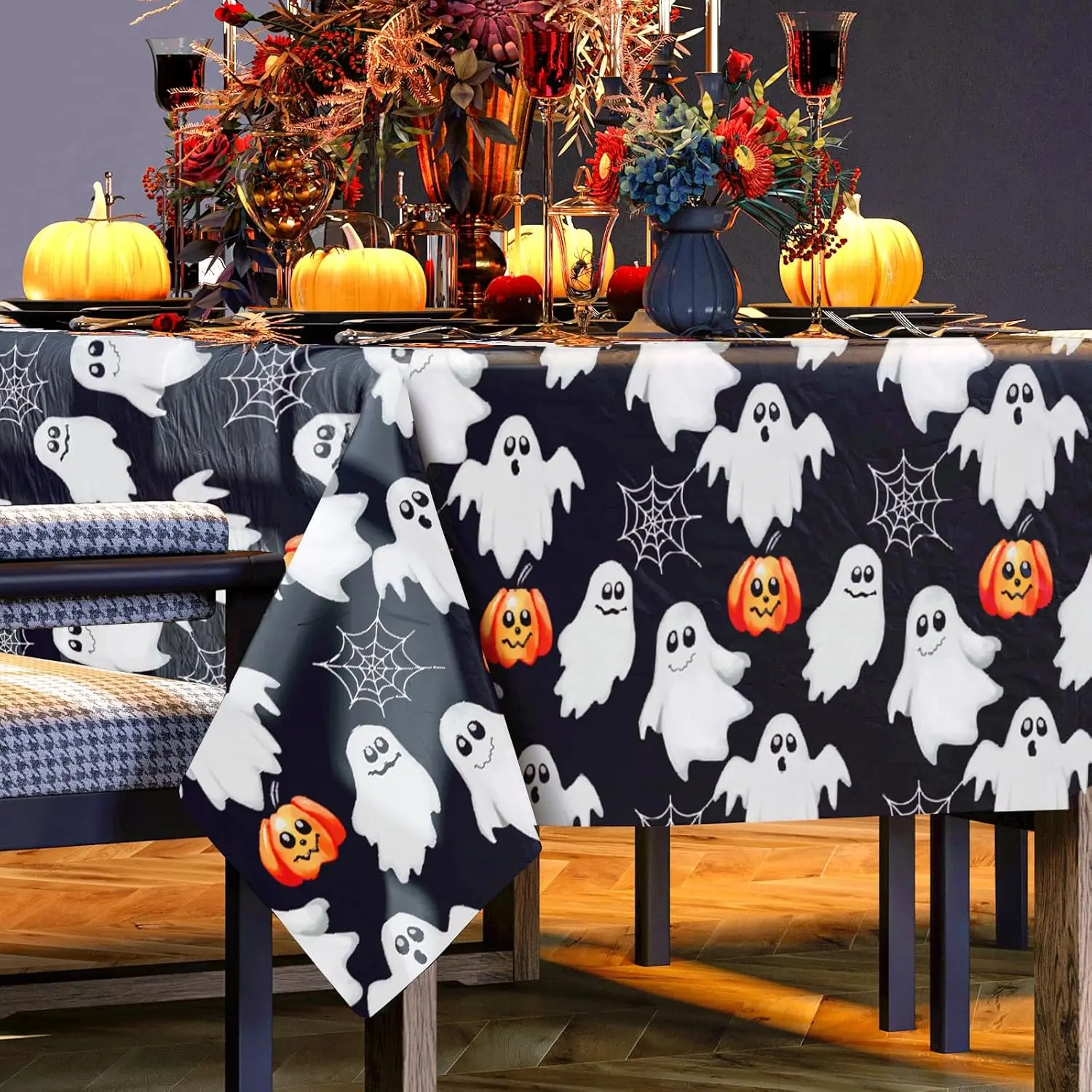 Halloween Spooky Ghost Pumpkins Spider Web Tablecloth for Table Decor Trick or Treat Kitchen Dining Table Cloth Halloween Decor