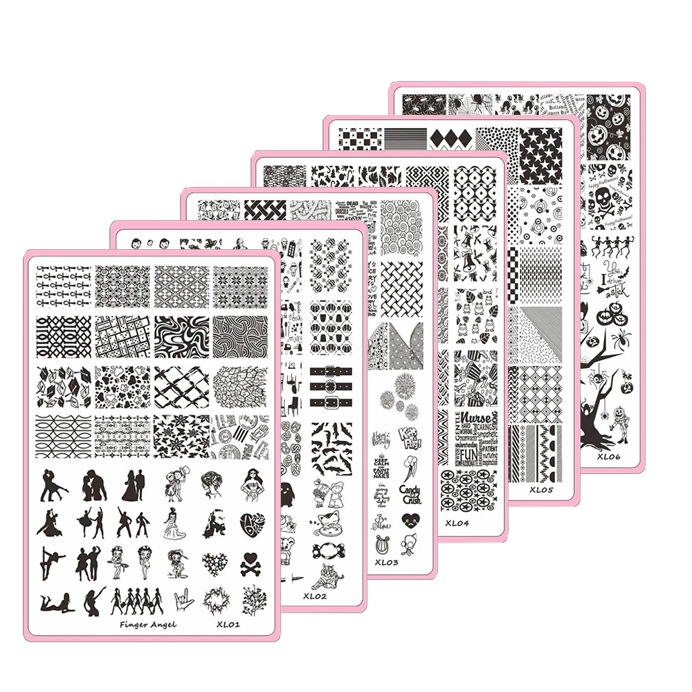 Plaque d'estampage d'ongles en acier inoxydable, motif graffiti, tête de mort, chauve-souris, outils de nail art, couverture arrière rose, 1 pièce