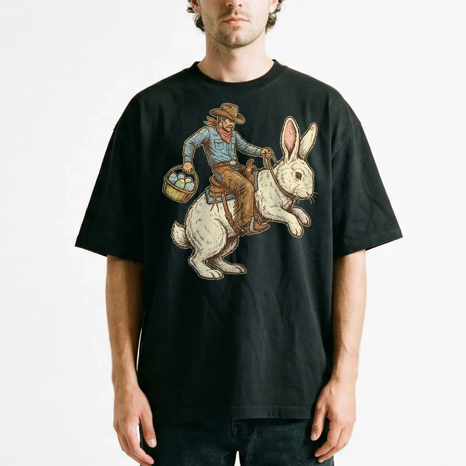 Cowboy Riding Easter Bunny Western T Shirt Funny Rodeo Spring Holiday vintage Washed Versatile homme Comfortable fashion