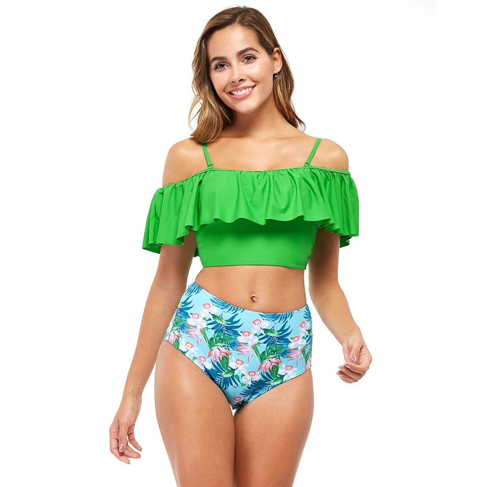 Costumi da bagno con spalle scoperte arruffate bikini da donna Push-Up a vita alta costume da bagno diviso in due pezzi costume da bagno da spiaggia
