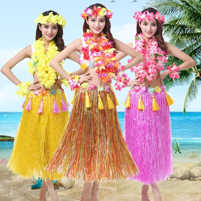 Women Hawaiian Beach Holiday Fancy Dress Ball Performance Costume  Props Garland Headband  Bra Grass Skirt Wedding Festival