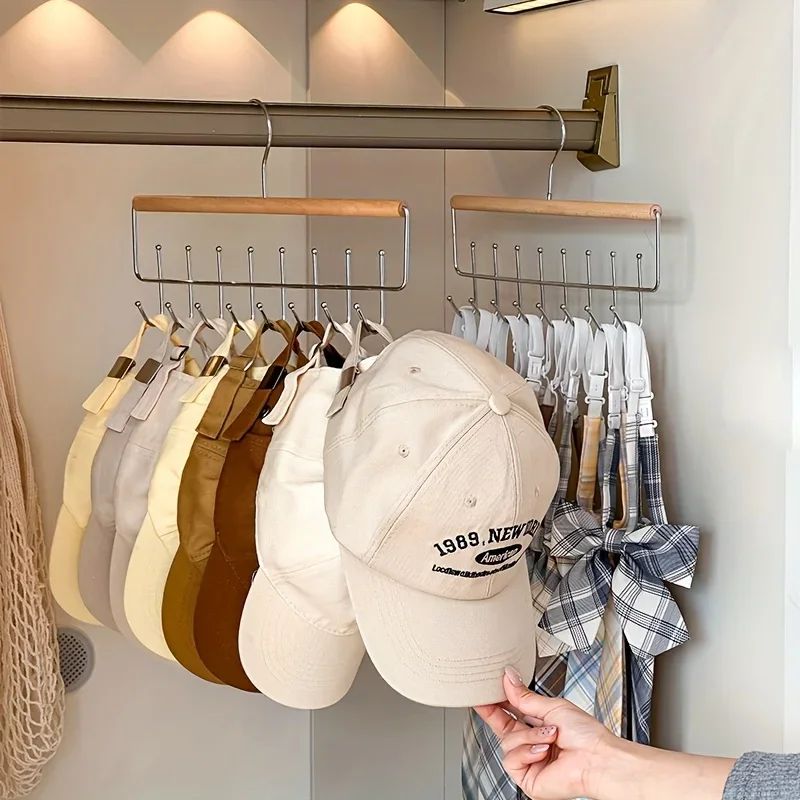 1pc Versatile Wooden Hat Organizer Rack with Hooks – Ideal for Caps, Belts, Ties, and Accessories Storage – Space-Saving