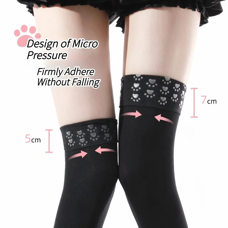40cm/55cm/65cm JK Thigh High Socks Cat Paw Anti‑Slip Silicone Particles, Mild Compression Widen Cuff Velvet Long Stockings