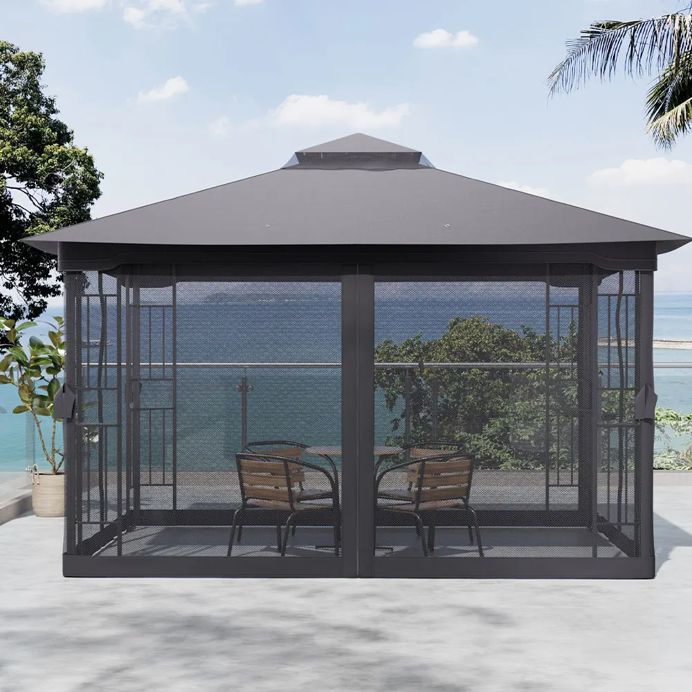 【Breeins】Double Roof Vented Gazebo Canopy with Mesh Curtain Durable Steel Frame Weather Resistant