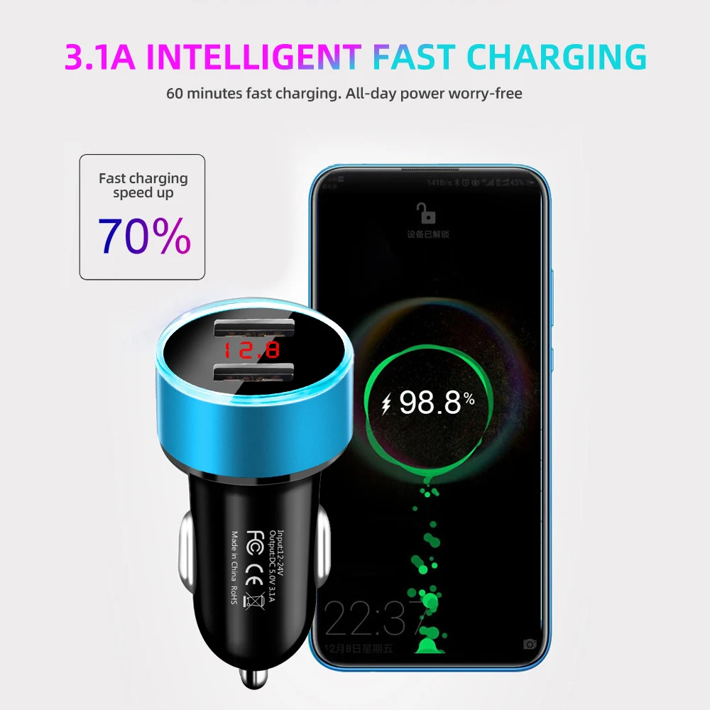 3.1A Dual Usb Car Charger 2 Ports Lcd Display 12V Car Cigarette Lighter Power Adapter Socket Car Phone Charger for iPhone Xiaomi