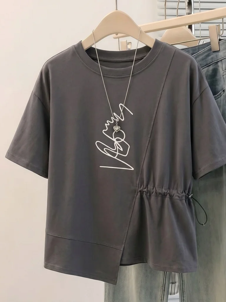Salt Series Street Style Grey Short Sleeve T-Shirt Women's plus Size Summer New Drawstring Irregular Shoulder Fit Casual Top