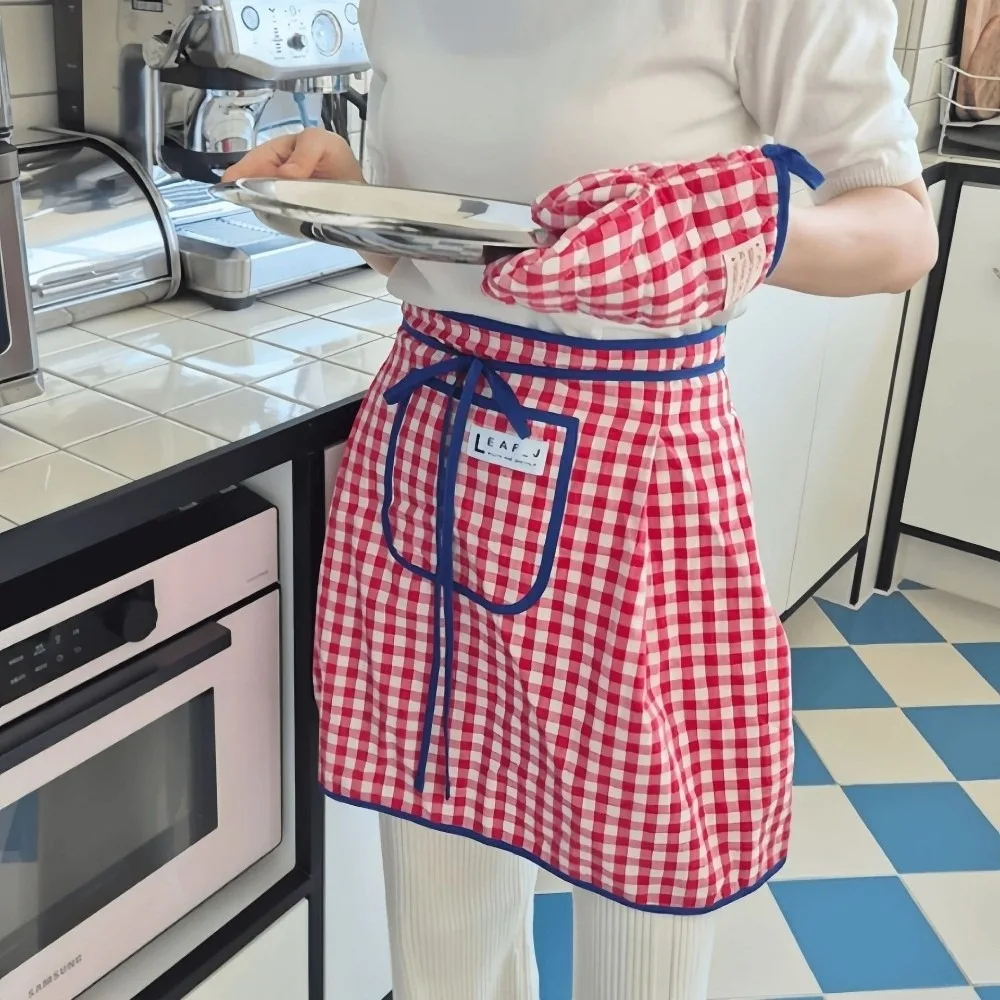 New Cotton Half Waist Apron Stain Resistant Breathable Half Length Apron Square Check Pattern Cooking Apron Home Cooking