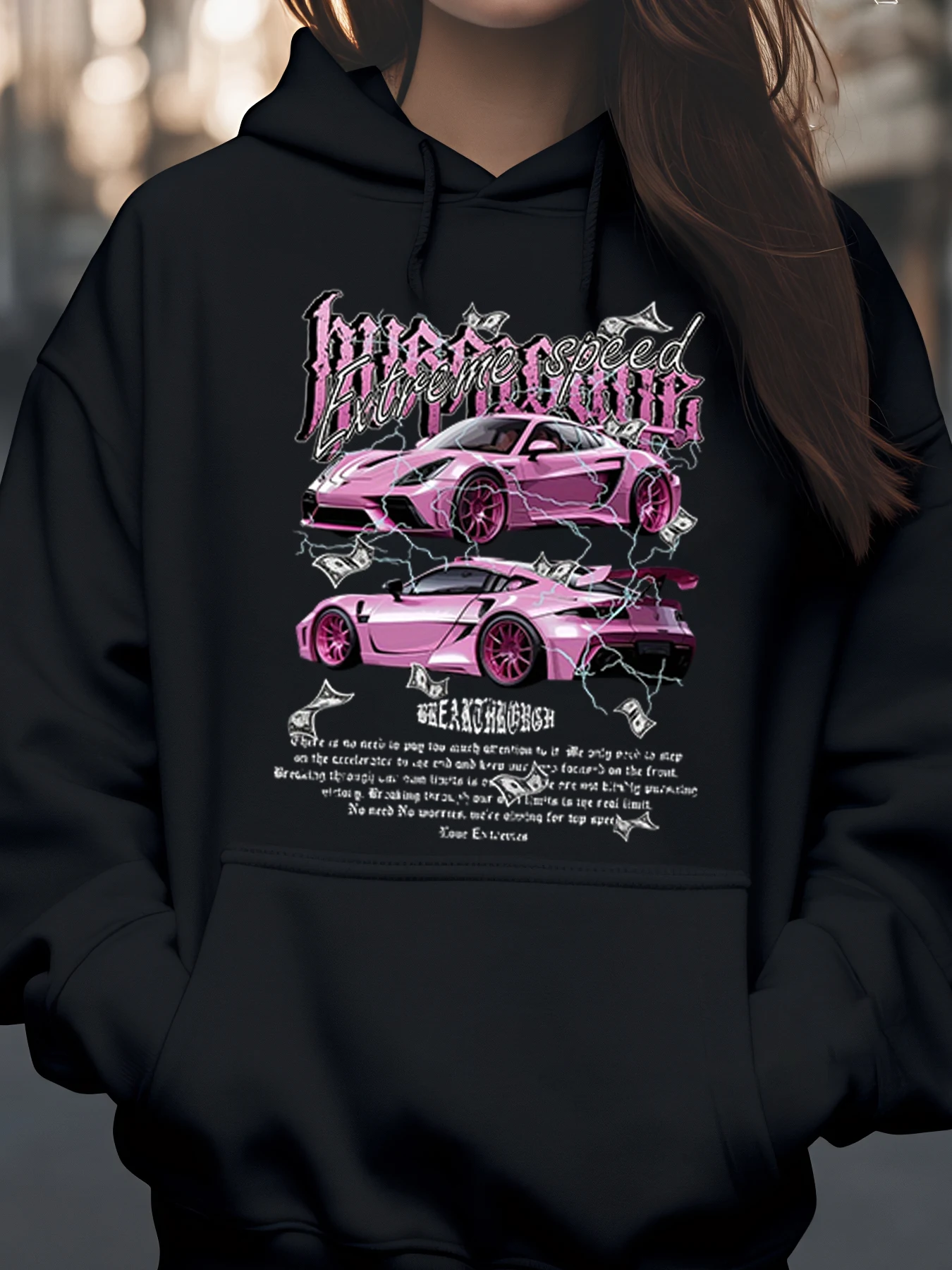 هوديي وردي لامبورغيني سبيد بطباعة جرافيك لعشاق السيارات ملابس غير رسمية للجنسين ملابس الشارع